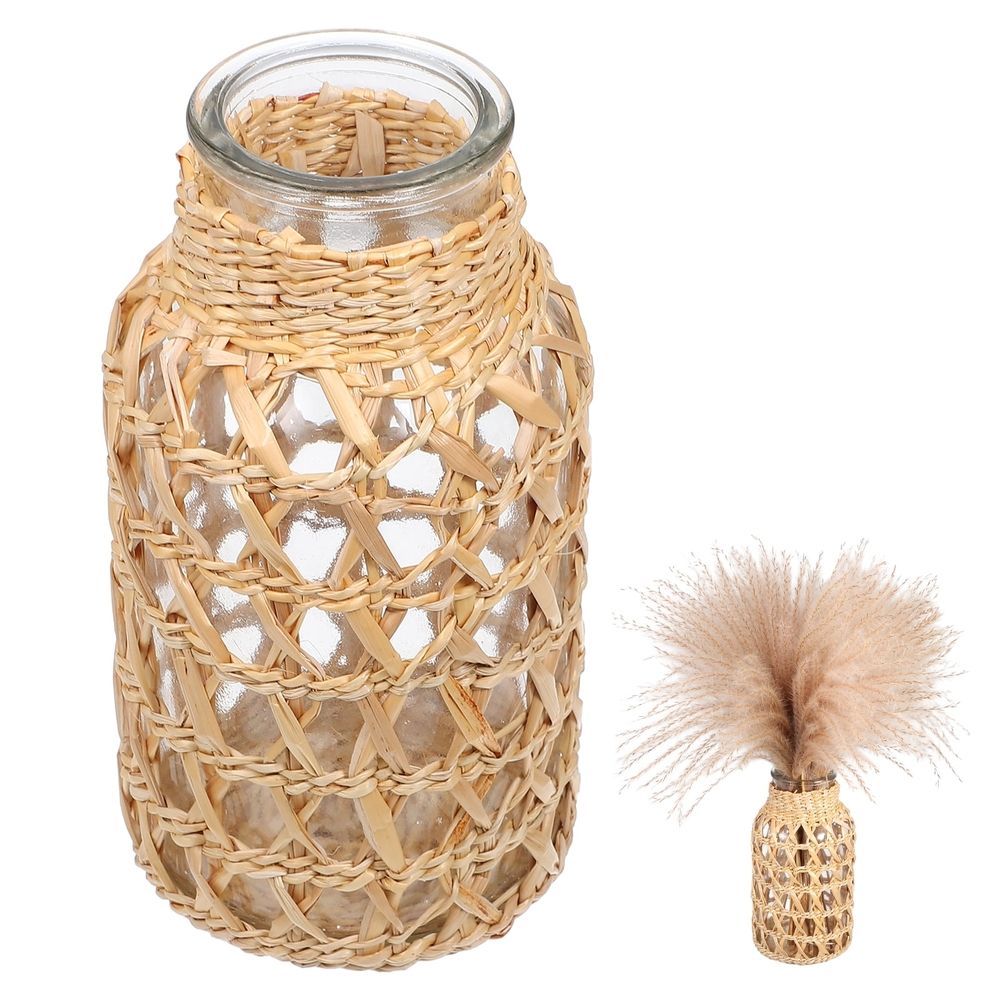 Glass and Rattan Vase, Decorative Plant Holder, Flower Container, 16x8.2x8.2 cm, Stylish Home and Garden Decor