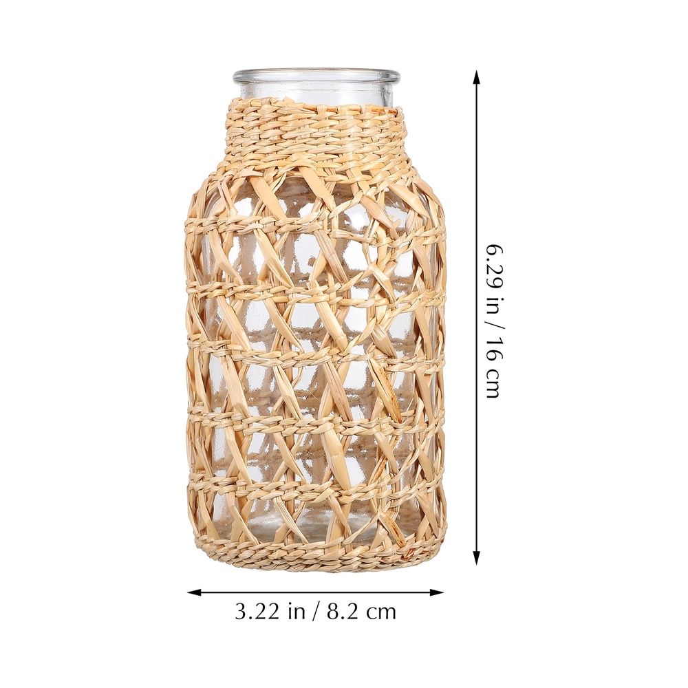 Glass and Rattan Vase, Decorative Plant Holder, Flower Container, 16x8.2x8.2 cm, Stylish Home and Garden Decor