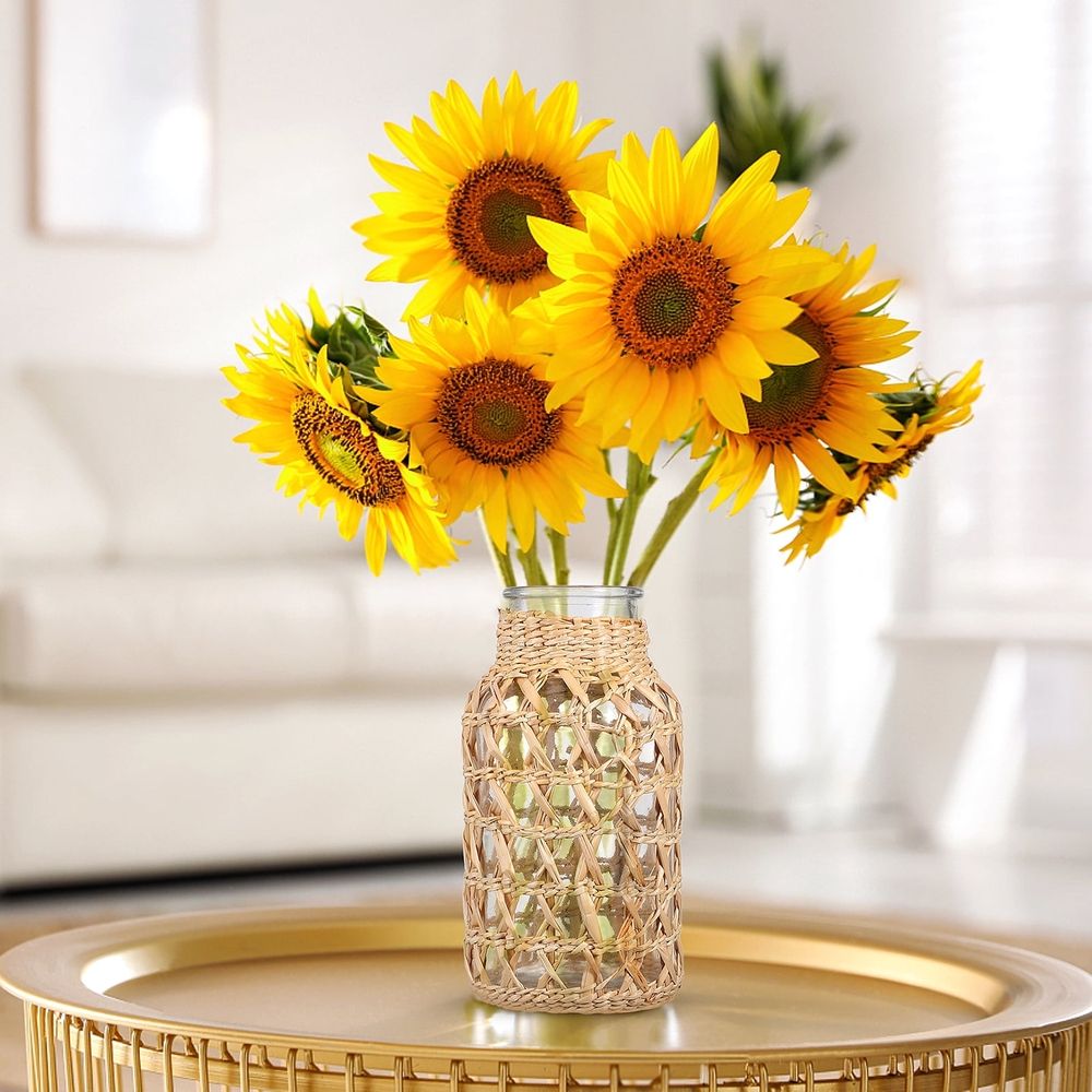 Glass and Rattan Vase, Decorative Plant Holder, Flower Container, 16x8.2x8.2 cm, Stylish Home and Garden Decor