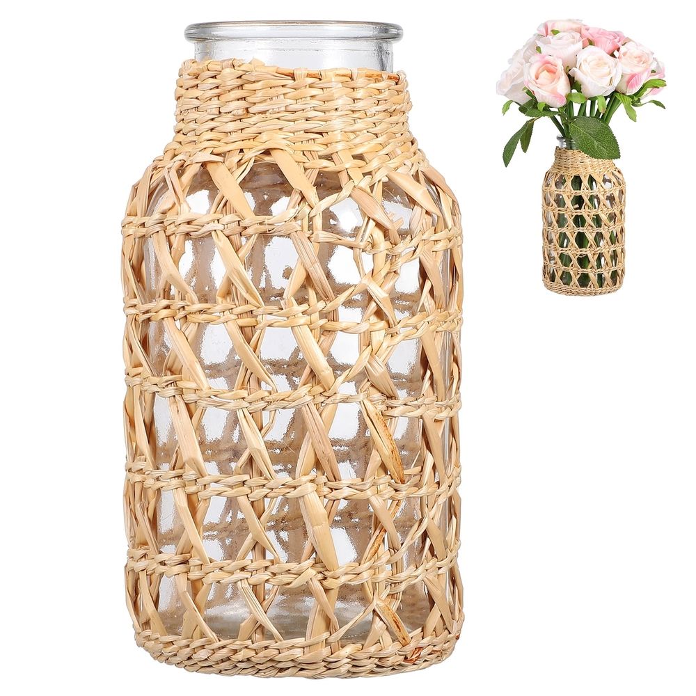 Glass and Rattan Vase, Decorative Plant Holder, Flower Container, 16x8.2x8.2 cm, Stylish Home and Garden Decor