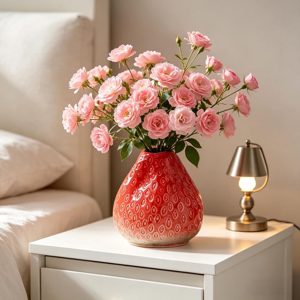 Strawberry Shaped Ceramic Vase, Cute Desktop Planter for Fresh Flowers and Faux Blooms, Decorative Home Decor Accent for Living Room, Office Desk, and Tabletop Centerpiece Gift