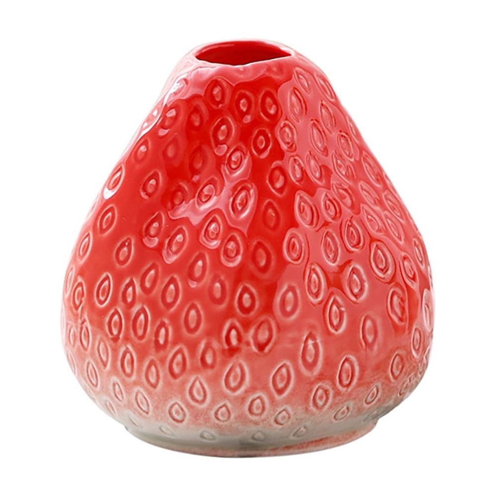 Strawberry Shaped Ceramic Vase, Cute Desktop Planter for Fresh Flowers and Faux Blooms, Decorative Home Decor Accent for Living Room, Office Desk, and Tabletop Centerpiece Gift