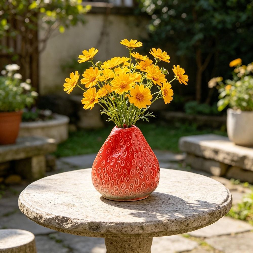 Strawberry Shaped Ceramic Vase, Cute Desktop Planter for Fresh Flowers and Faux Blooms, Decorative Home Decor Accent for Living Room, Office Desk, and Tabletop Centerpiece Gift