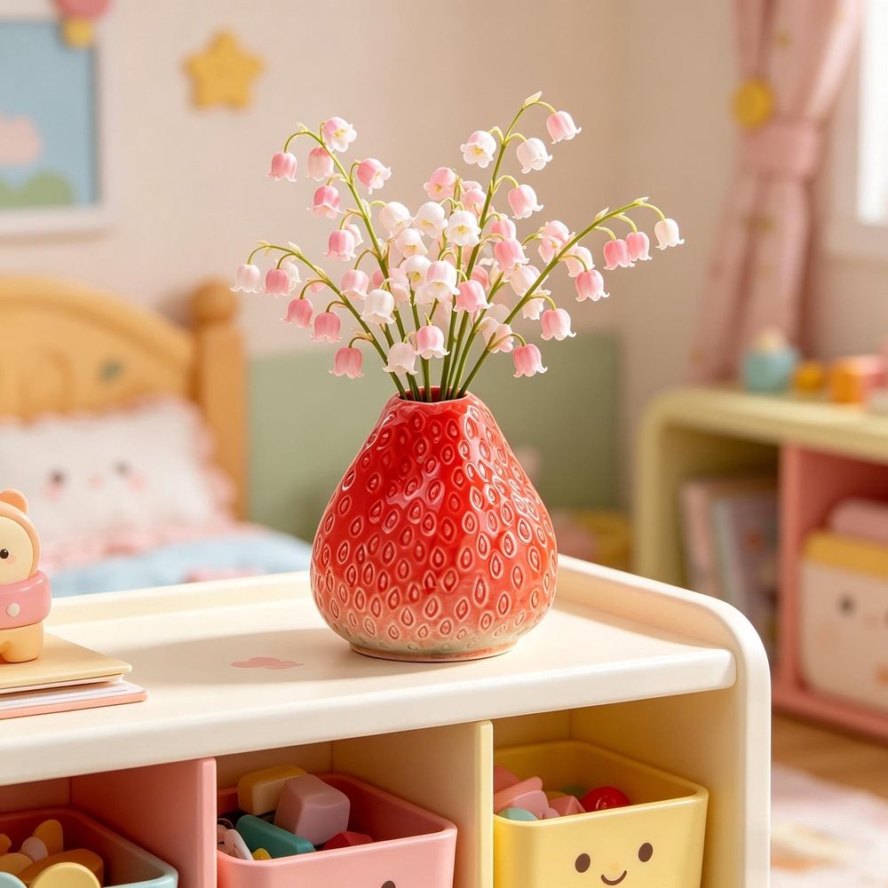 Strawberry Shaped Ceramic Vase, Cute Desktop Planter for Fresh Flowers and Faux Blooms, Decorative Home Decor Accent for Living Room, Office Desk, and Tabletop Centerpiece Gift