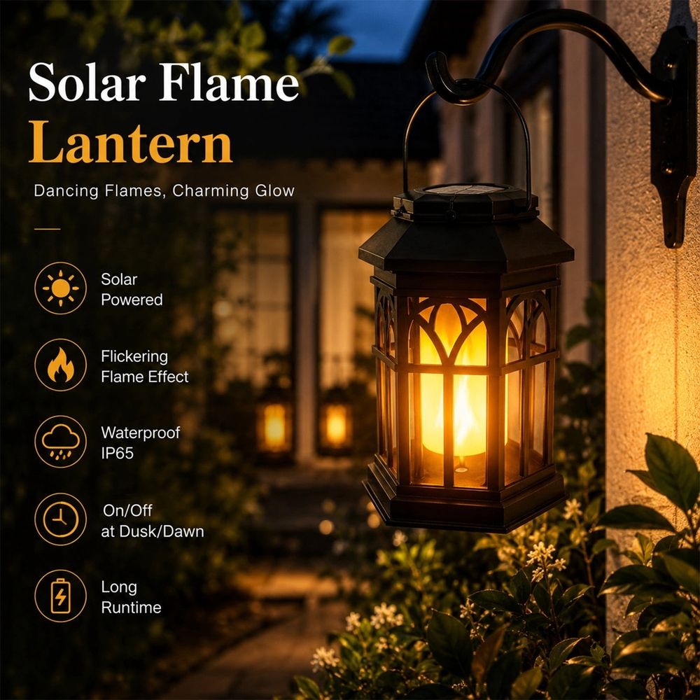 Hexagonal Solar Lanterns Outdoor Waterproof, LED Flickering Flame Hanging Light with Auto On/Off, Solar Powered for Garden Patio Camping Decor