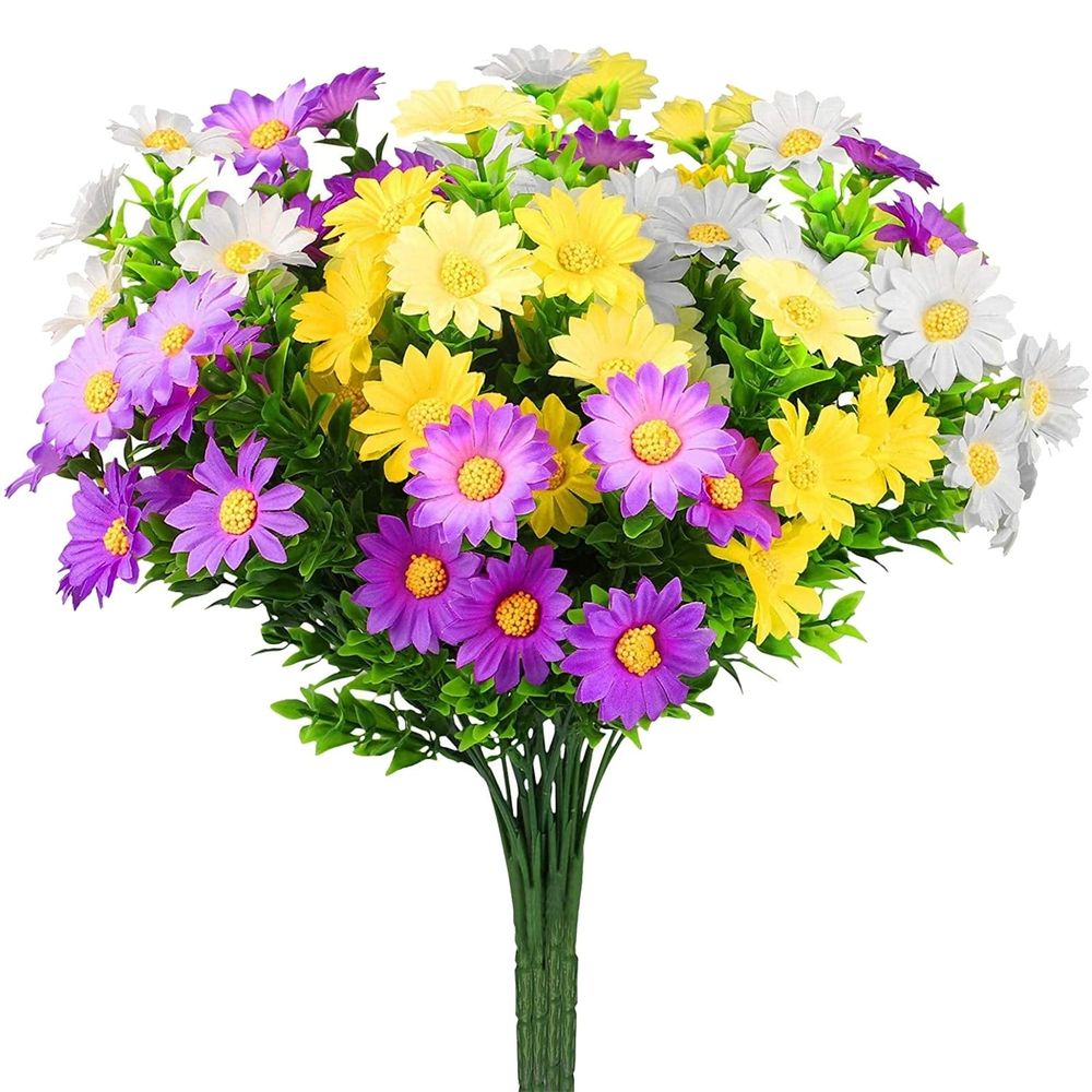 Artificial Plants for Outdoors 6 Bundles Artificial Daisies Flowers Silk Cemetery Flower Daisy Plastic Memorial Bouquet for Hanging Window Box Home Table Centerpieces Decor