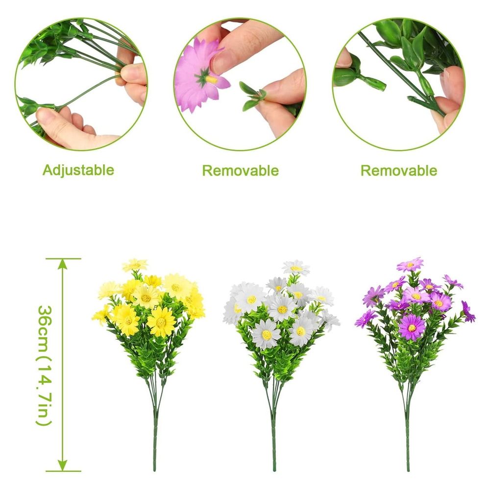 Artificial Plants for Outdoors 6 Bundles Artificial Daisies Flowers Silk Cemetery Flower Daisy Plastic Memorial Bouquet for Hanging Window Box Home Table Centerpieces Decor