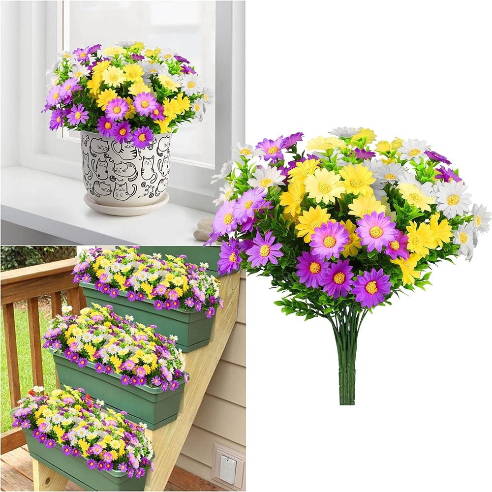 Artificial Plants for Outdoors 6 Bundles Artificial Daisies Flowers Silk Cemetery Flower Daisy Plastic Memorial Bouquet for Hanging Window Box Home Table Centerpieces Decor