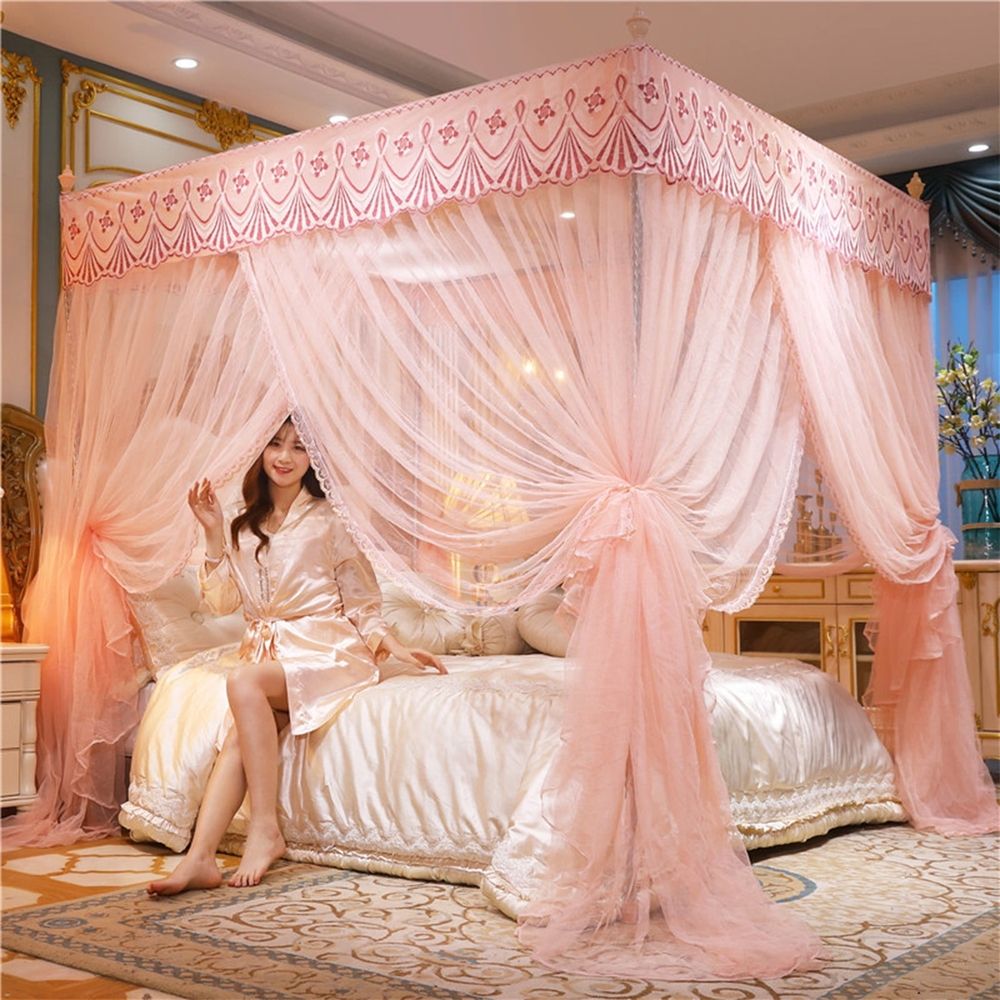 Princess Bed Canopy Mosquito Net Three Door Floor Length Bed Curtains Lace Canopy for Bedroom Decor Romantic Bedding Accessory for Twin Bed Full Bed