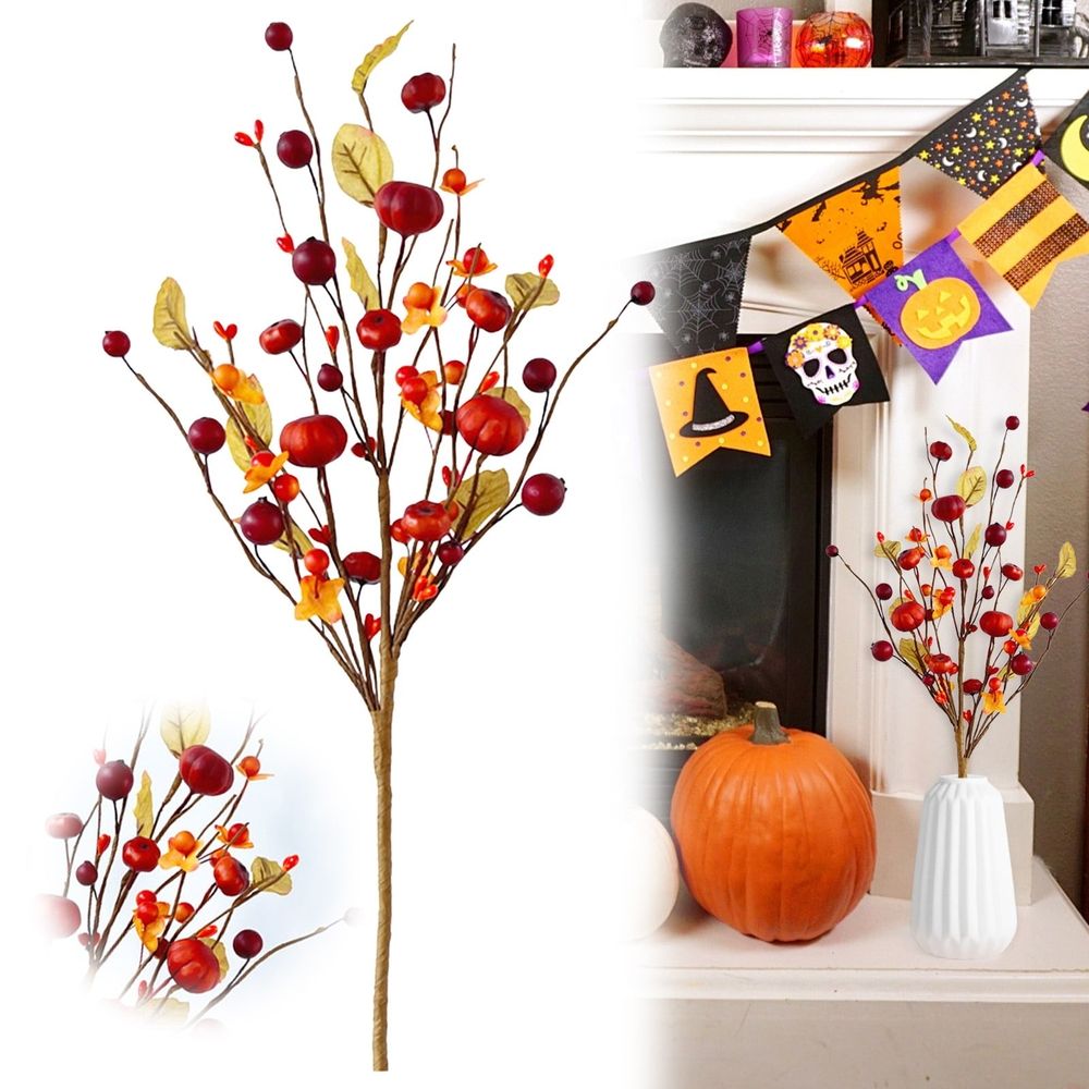Artificial Pumpkin Berry Branches, Fall Plant Picks and Stems with Berries, for Home, Kitchen, Party Table Centerpiece, Autumn, Thanksgiving, and Christmas Decoration