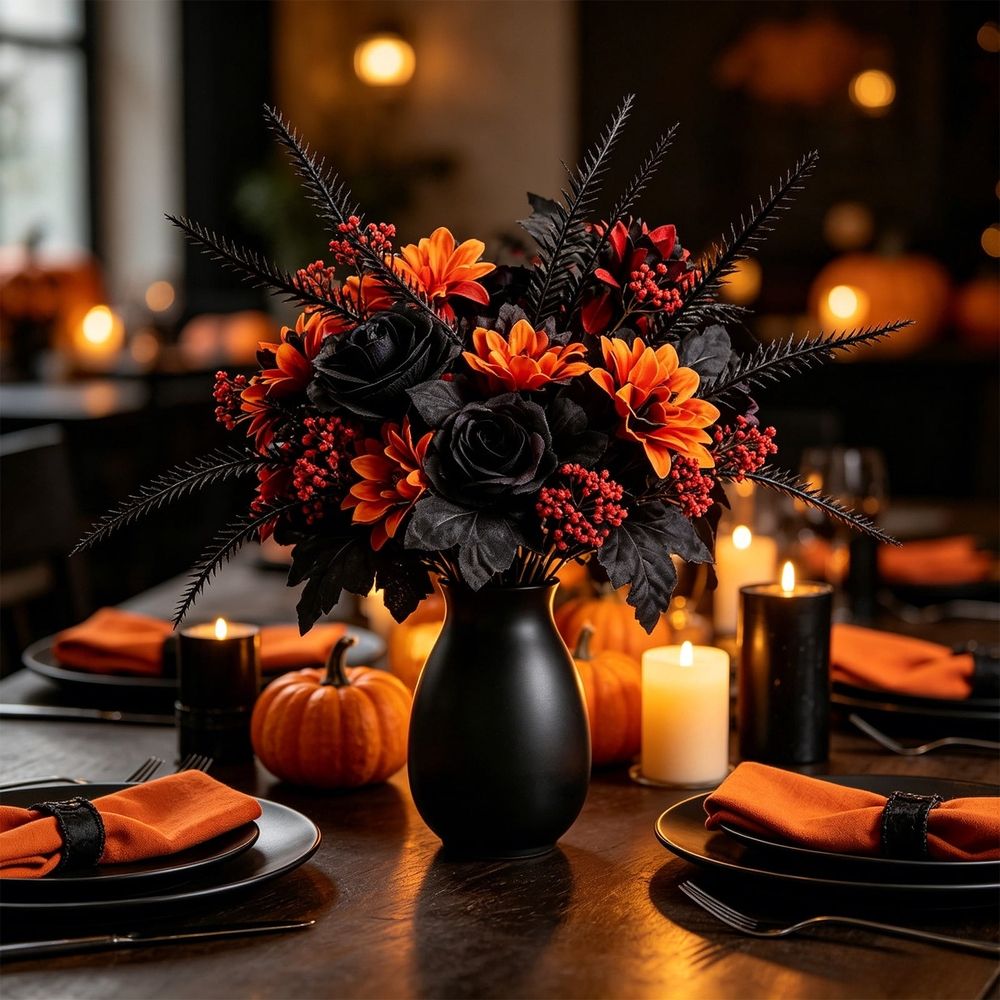 Halloween Decor, Black Flower Bouquet with Sunflowers, Spooky Artificial Floral Arrangement for Table, Home Decor, Gift Idea
