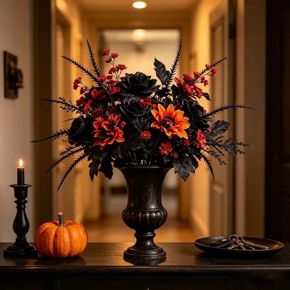 Halloween Decor, Black Flower Bouquet with Sunflowers, Spooky Artificial Floral Arrangement for Table, Home Decor, Gift Idea