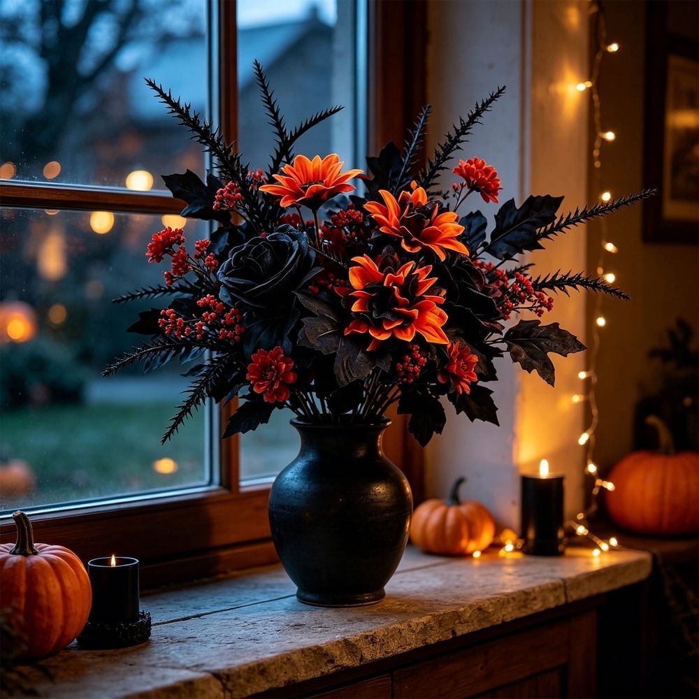 Halloween Decor, Black Flower Bouquet with Sunflowers, Spooky Artificial Floral Arrangement for Table, Home Decor, Gift Idea