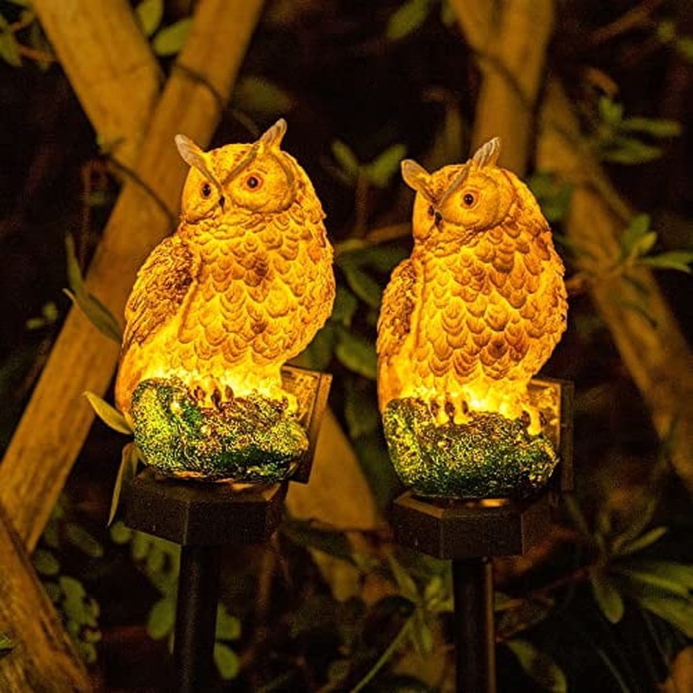 2 Pack Owl Figure Solar LED Lights,Resin Garden Waterproof Decorations with Stake for Outdoor Yard Pathway Outside Patio Lawn Decor to Scare Birds Away,Gifts For Women,Owl Lovers