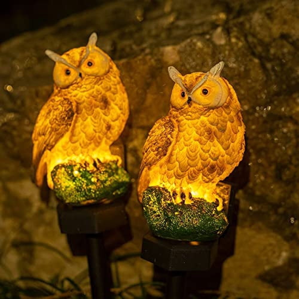 2 Pack Owl Figure Solar LED Lights,Resin Garden Waterproof Decorations with Stake for Outdoor Yard Pathway Outside Patio Lawn Decor to Scare Birds Away,Gifts For Women,Owl Lovers