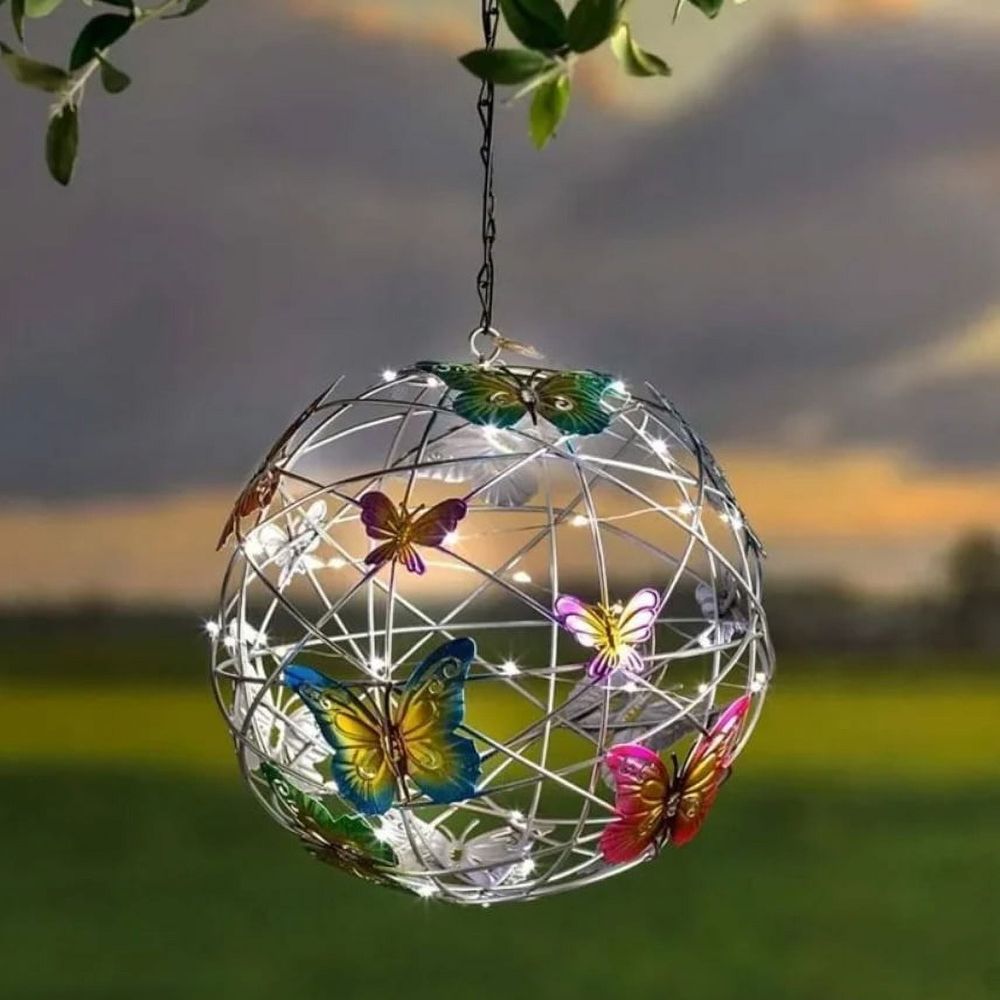 Garden Hanging Solar Light, Round Ball Light with Butterfly, Waterproof Weaving Lamp for Outdoor Courtyard Night Decor