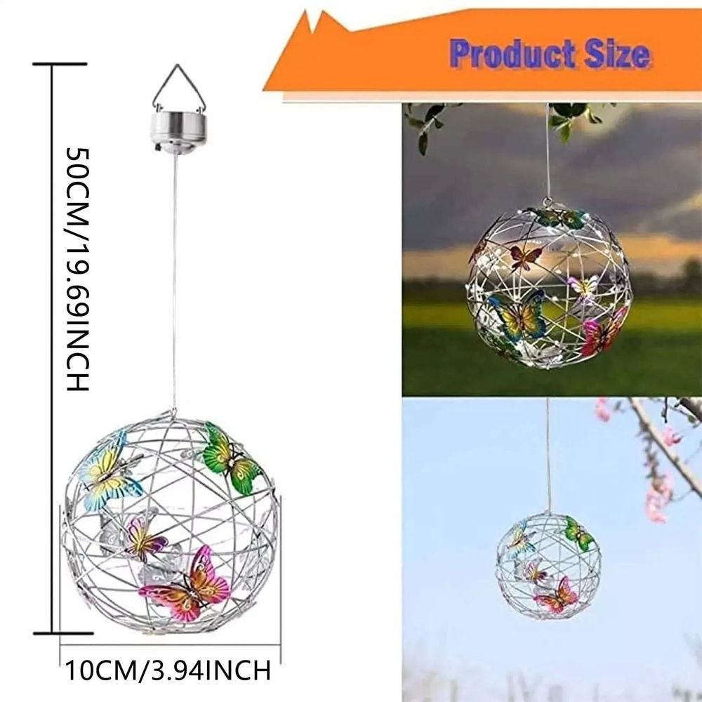 Garden Hanging Solar Light, Round Ball Light with Butterfly, Waterproof Weaving Lamp for Outdoor Courtyard Night Decor