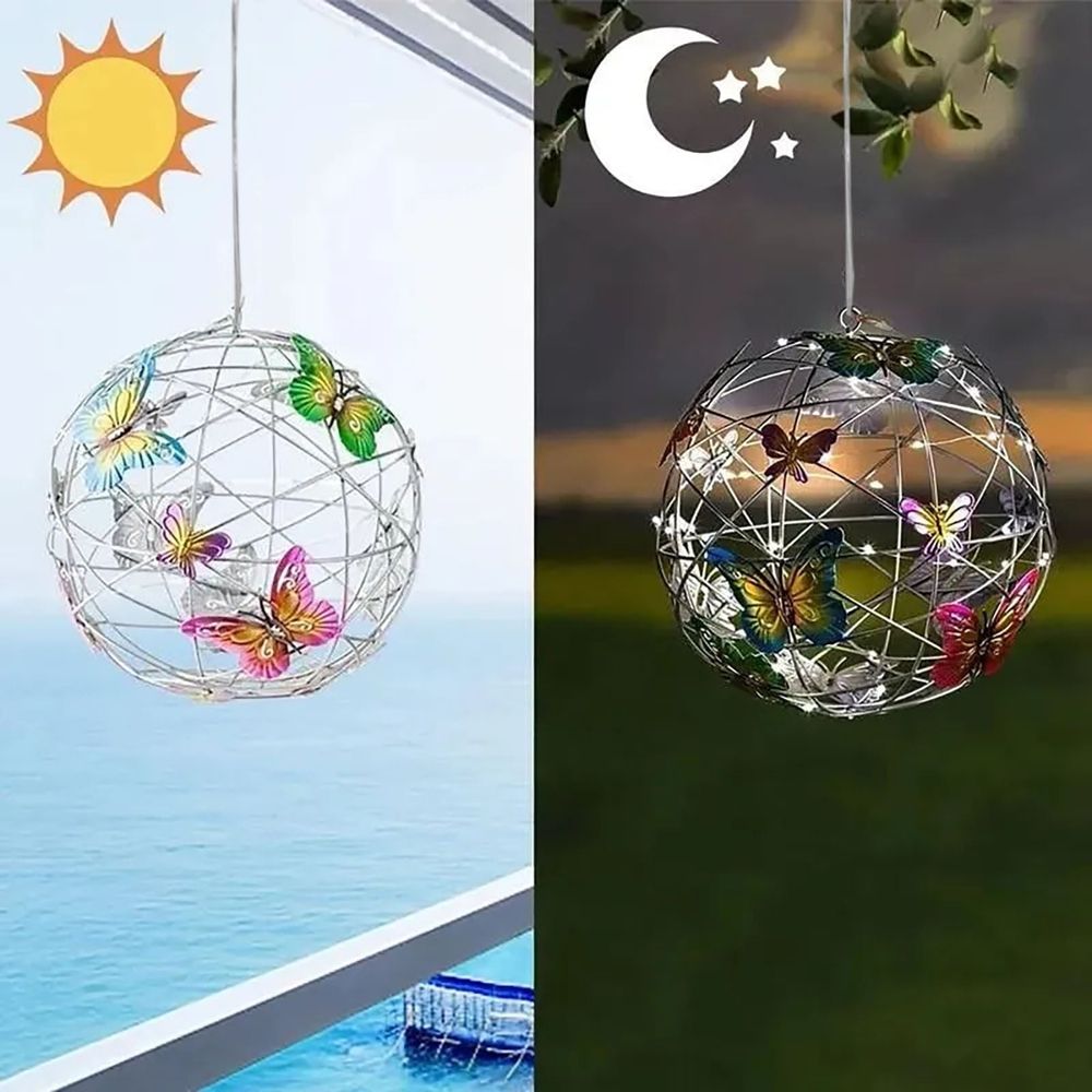 Garden Hanging Solar Light, Round Ball Light with Butterfly, Waterproof Weaving Lamp for Outdoor Courtyard Night Decor