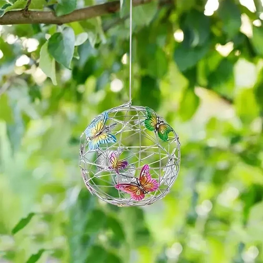 Garden Hanging Solar Light, Round Ball Light with Butterfly, Waterproof Weaving Lamp for Outdoor Courtyard Night Decor