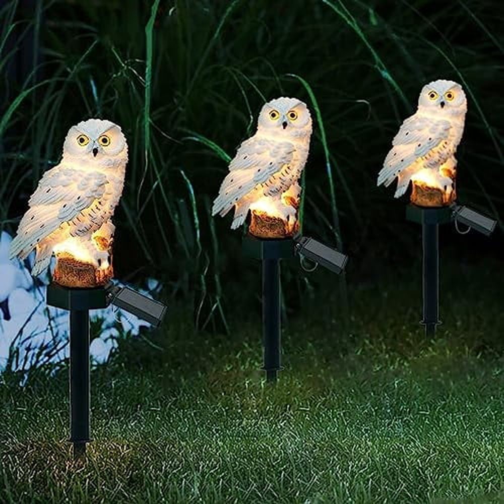 2 Pack Owl Solar Lights Outdoor Garden Resin Waterproof Garden Decorations with Stake for Patio,Yard,Lawn,Walkway Decoration Scare Birds Away(White)