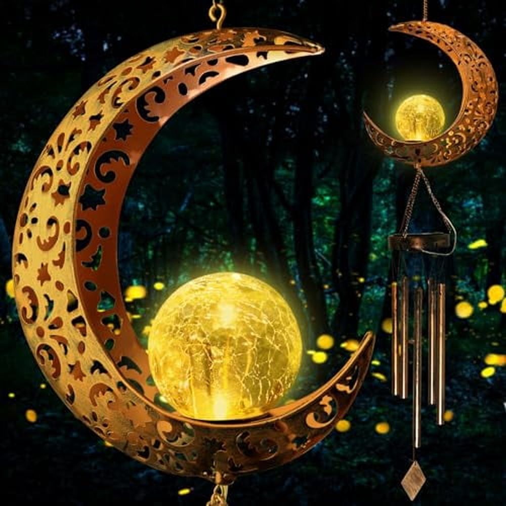 Moon Solar Lights Wind Chimes for Outside Gift for Women Gifts for Mom Grandma Birthday Gifts Large Moon Decor Windchimes Outdoors Gardening Gift for Outdoor Patio Yard Porch Solar Moon Night Lights