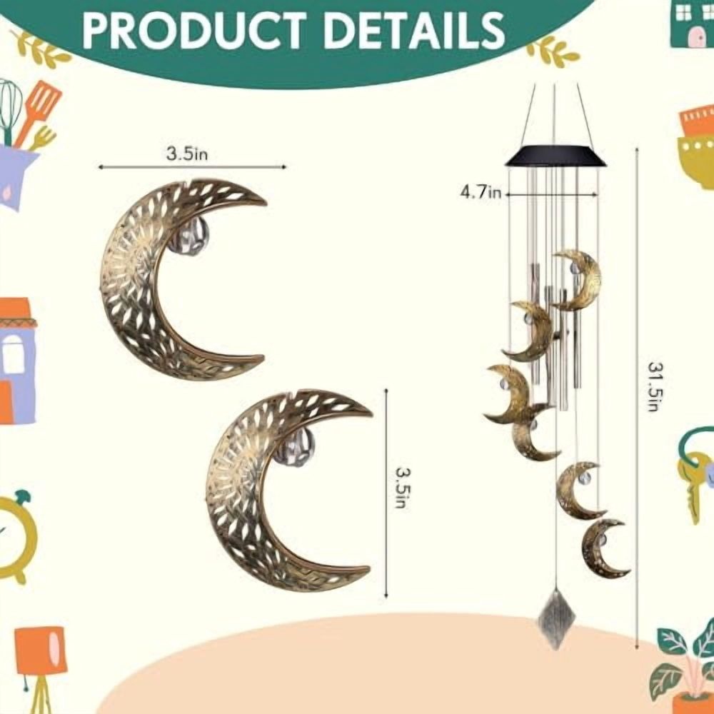 Solar Wind Chimes for Outside Waterproof Hanging Wind Chimes Lights Outdoor Decor Yard Garden Gifts for Mother Mom Grandma Wife Neighbors (Moon)