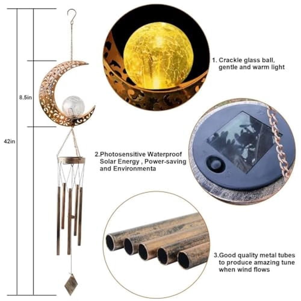 Wind Chime Solar Moon Decor,Mother's Day,Christmas,Thanksgiving Gift for Women,Mother,Grandma,Wife,Birthday Gift Crackle Glass Ball Windchimes Gardening Gifts,Patio Decor,Yard Porch Decorations