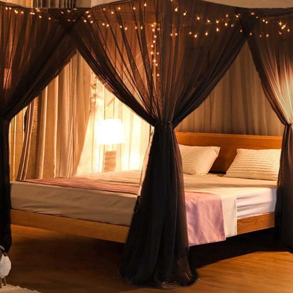 4 Corners Black Bed Canopy Curtains for Twin Full Size Bed,Highly Breathable,Soft and Easy to Cut,Wear Resistant and Durable,Suitable for Bedroom Home Indoor Patio Outdoor Decoration(L82xW74xH94inch)
