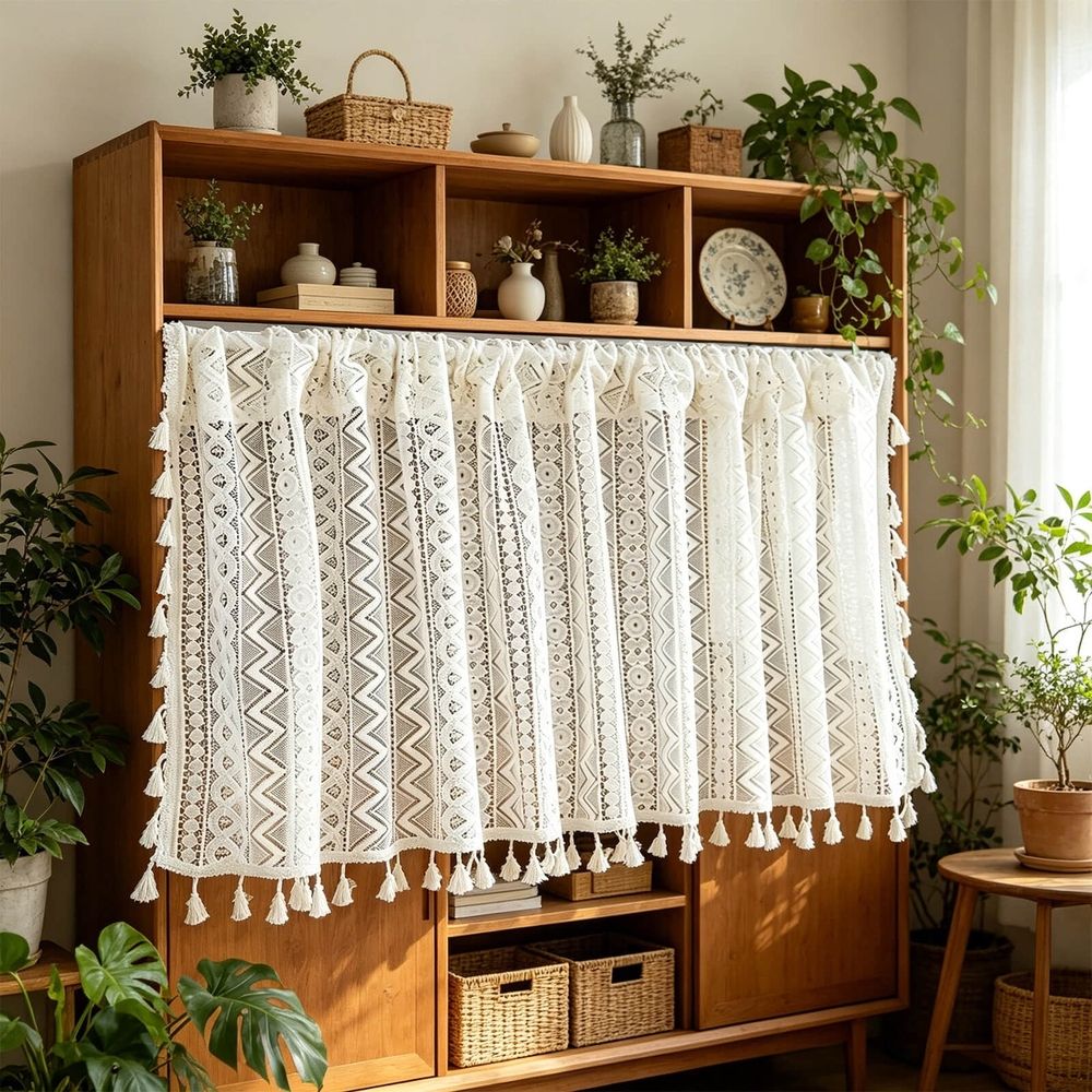 Bohemian Lace Tier Curtain With Tassels Semi-Sheer Polyester Cafe Curtain for Kitchen Cabinet Decor