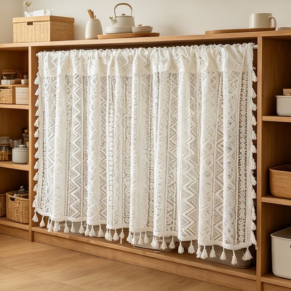 Bohemian Lace Tier Curtain With Tassels Semi-Sheer Polyester Cafe Curtain for Kitchen Cabinet Decor
