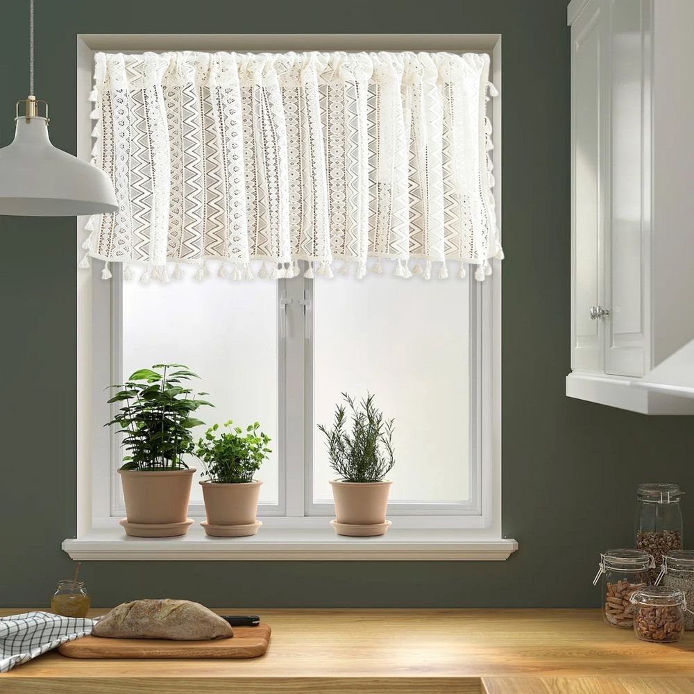 Bohemian Lace Tier Curtain With Tassels Semi-Sheer Polyester Cafe Curtain for Kitchen Cabinet Decor