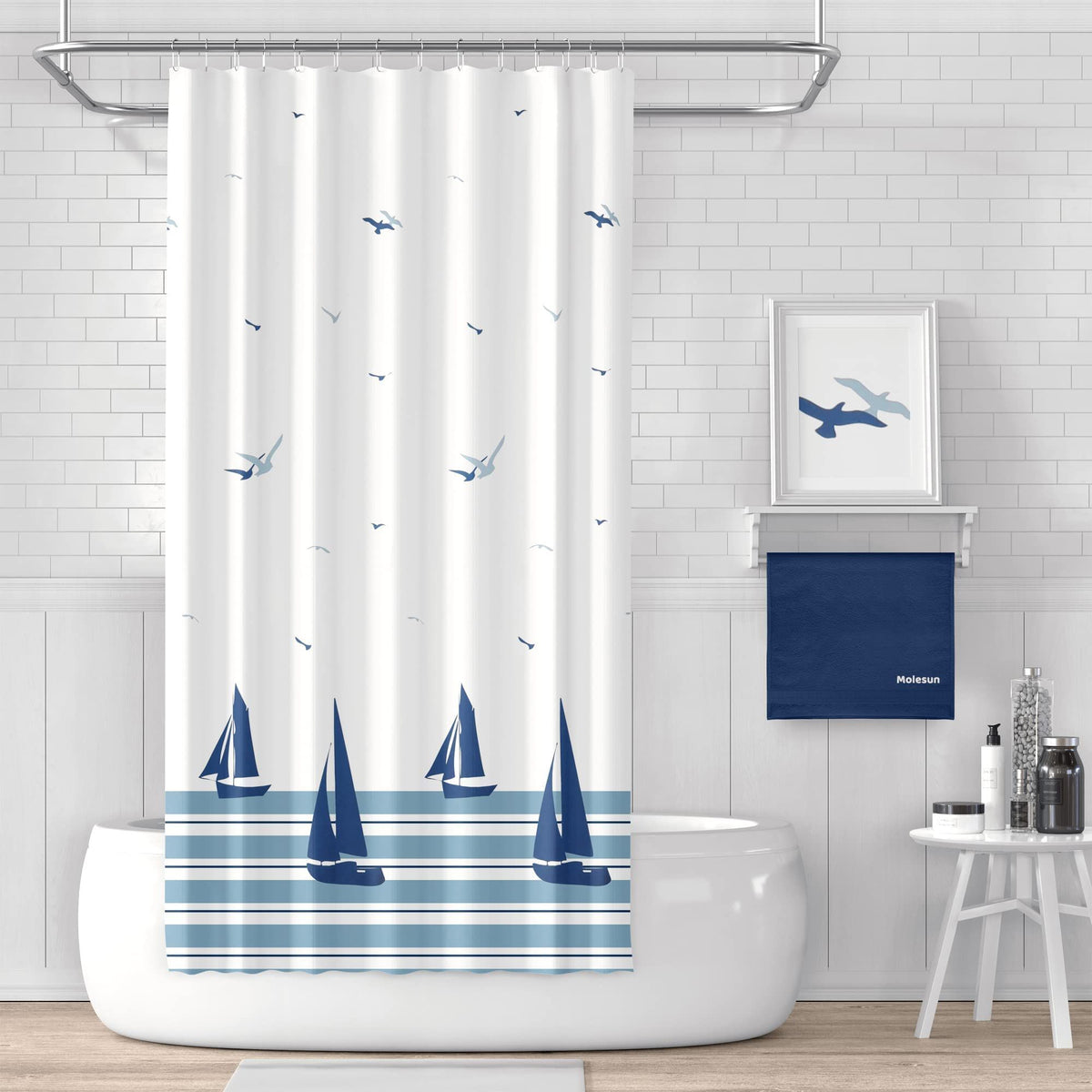 180*180cm Fabric Shower Curtain for Bathroom, Nautical Shower Curtain Coastal Shower Curtain Waterproof with Hooks, Sailboats