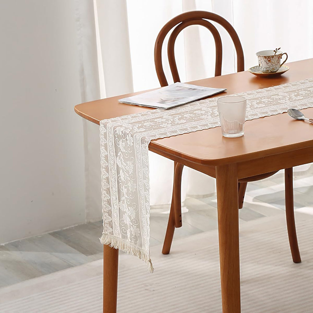 Knitted Hollow Table Runner, Bohemian Cotton Wedding Table Runner,Rustic Woven Dining Table Decor (S1, 12 x 70 Inch)