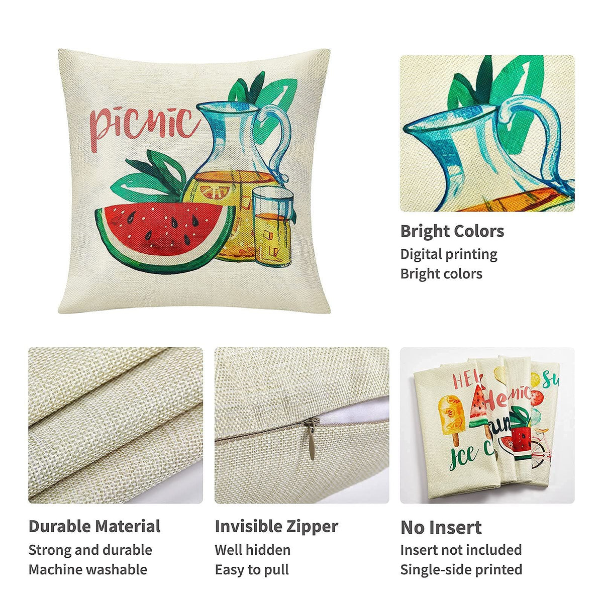 Summer Pillow Covers 18x18: Watermelon Decorative Pillow Covers Farmhouse Pillow Cases Boho Cushion Cases  , Set of 4