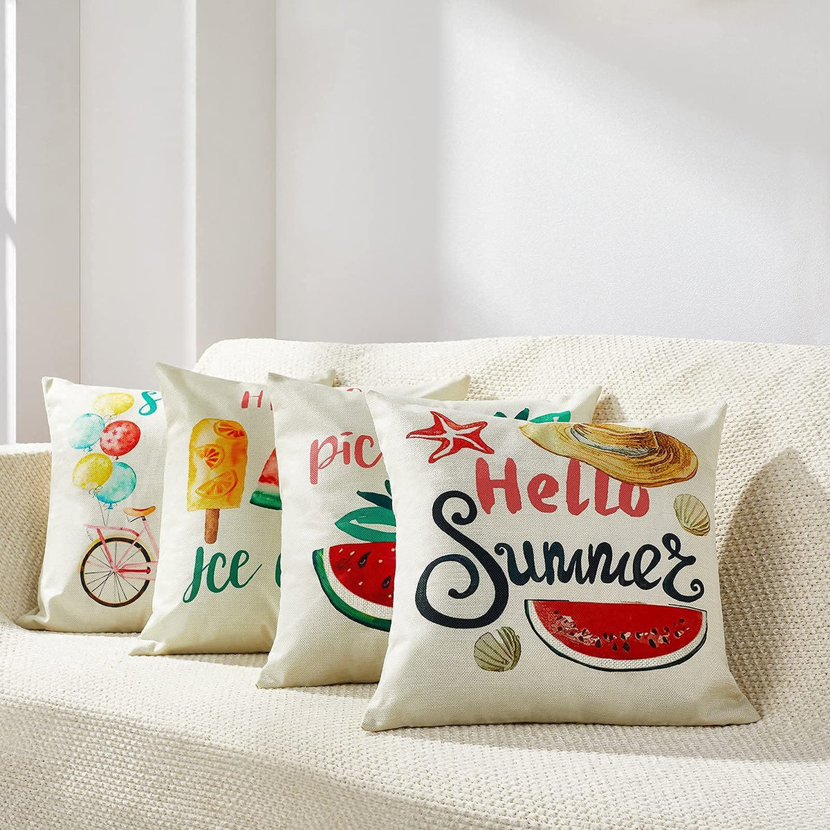 Summer Pillow Covers 18x18: Watermelon Decorative Pillow Covers Farmhouse Pillow Cases Boho Cushion Cases  , Set of 4