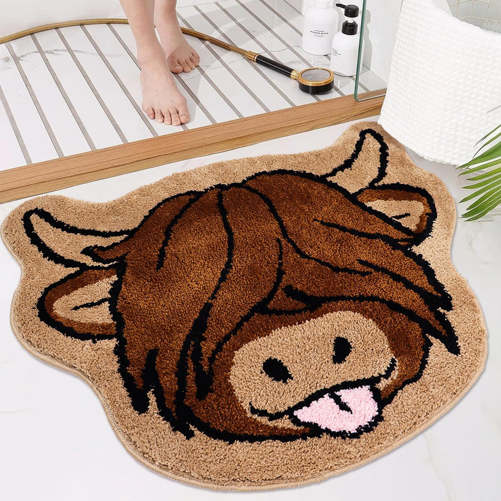 Highland Cow Bath Mat Cow Bathroom Rug Western Animal Shaped Rug Non Slip Floor Mat for Kitchen Bedroom Bathroom Decor 24"X24"