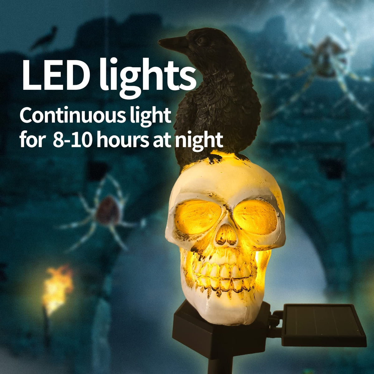 Halloween Outdoor Decoration Solar Lights, Waterproof Ghost Lights, Skull Solar Garden Lights with Black Crow on Skull
