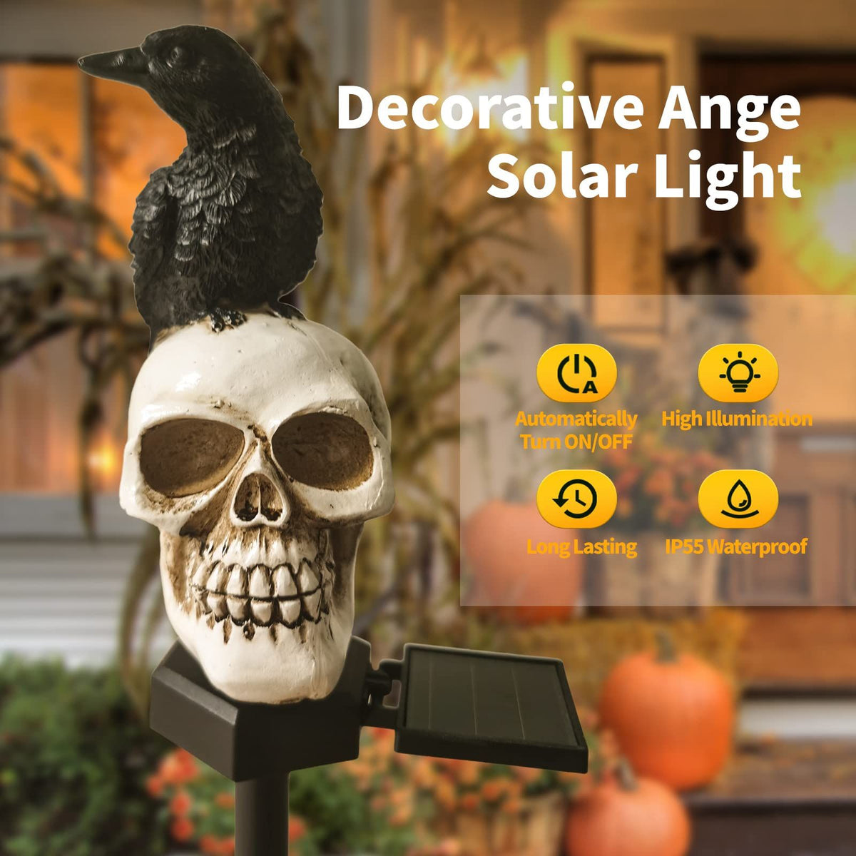 Halloween Outdoor Decoration Solar Lights, Waterproof Ghost Lights, Skull Solar Garden Lights with Black Crow on Skull