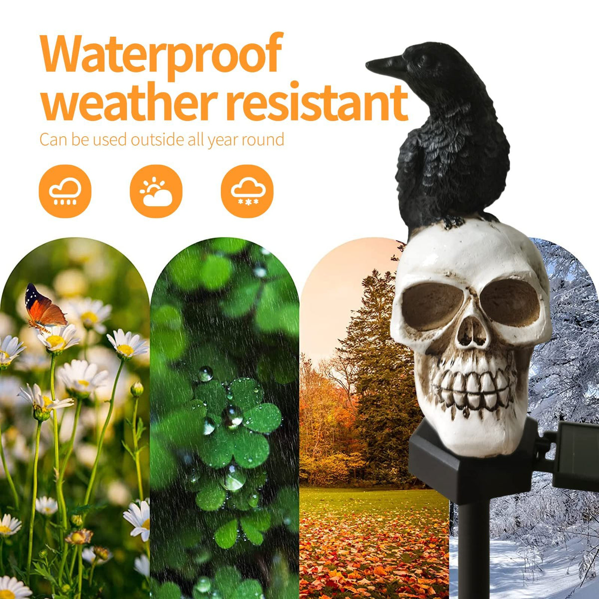 Halloween Outdoor Decoration Solar Lights, Waterproof Ghost Lights, Skull Solar Garden Lights with Black Crow on Skull