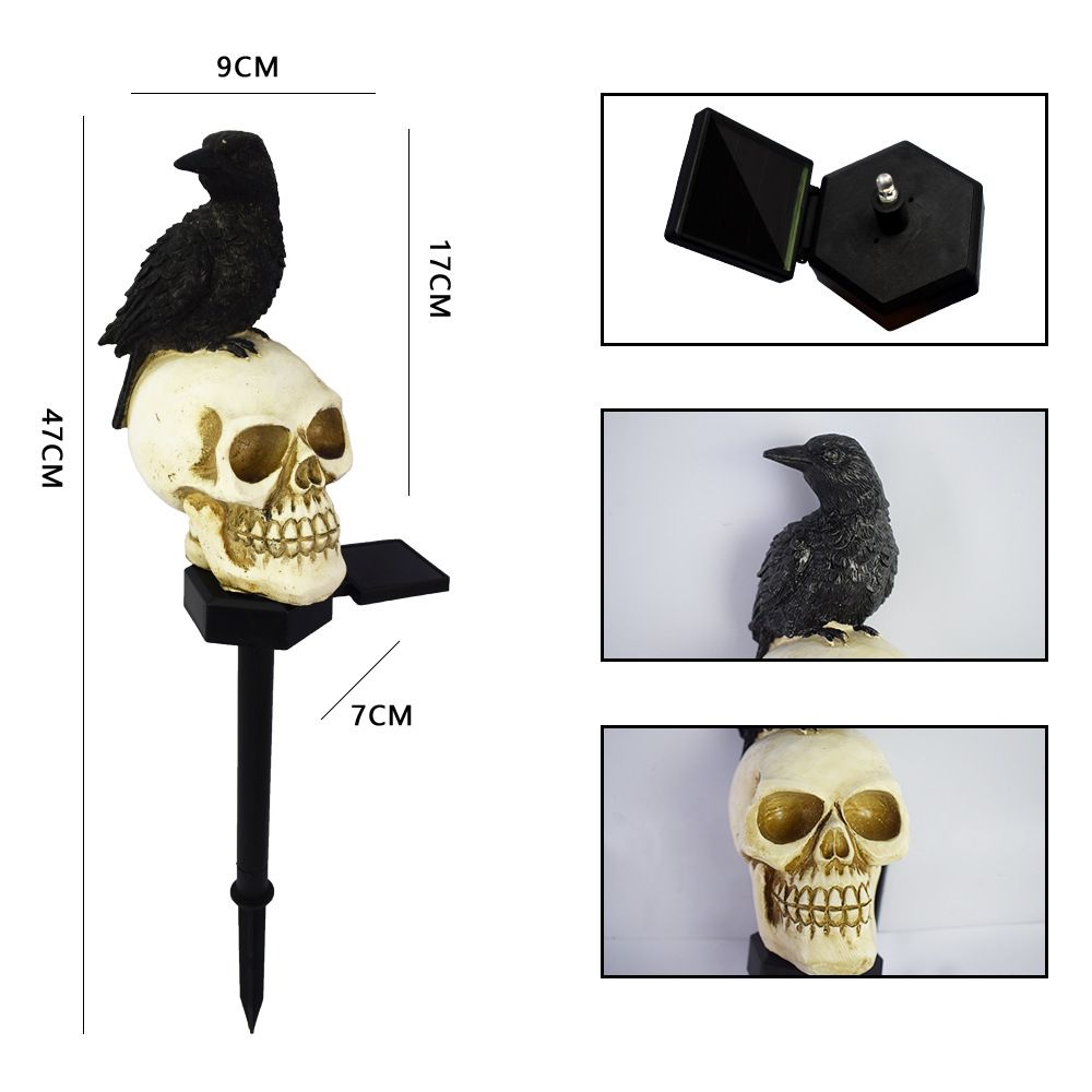 Halloween Outdoor Decoration Solar Lights, Waterproof Ghost Lights, Skull Solar Garden Lights with Black Crow on Skull