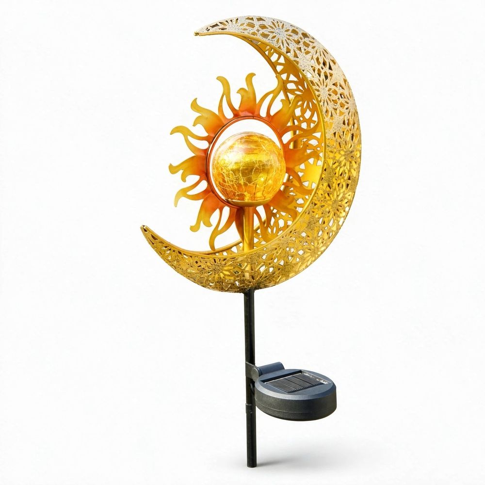 Garden Solar Lights Outdoor Decorative, Sun & Moon Crackle Glass Globe Metal Stake Light, Waterproof Warm White LED Light,(1 Pack)