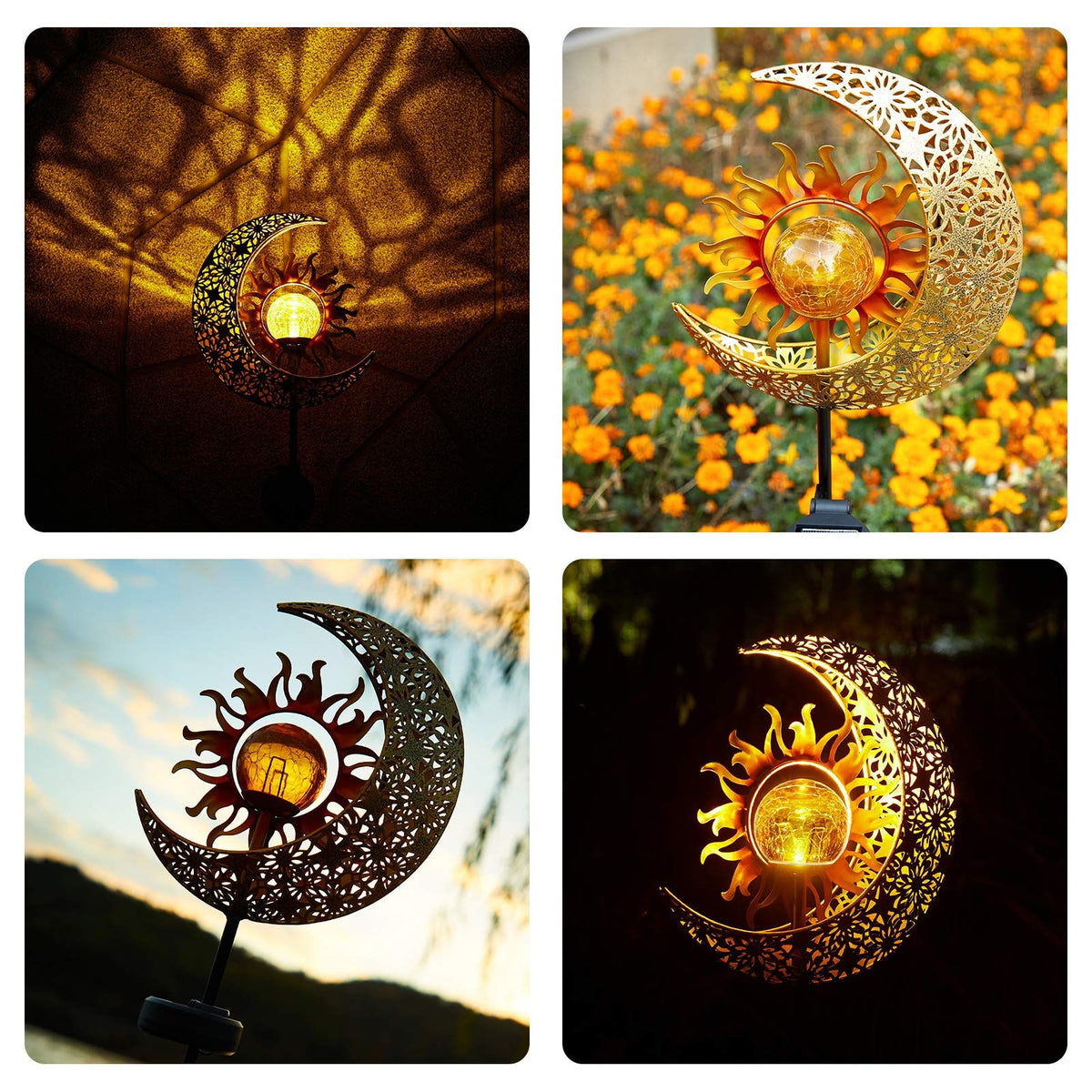 Garden Solar Lights Outdoor Decorative, Sun & Moon Crackle Glass Globe Metal Stake Light, Waterproof Warm White LED Light,(1 Pack)