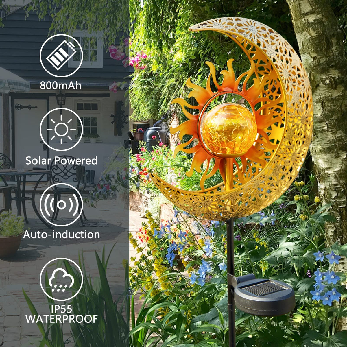 Garden Solar Lights Outdoor Decorative, Sun & Moon Crackle Glass Globe Metal Stake Light, Waterproof Warm White LED Light,(1 Pack)