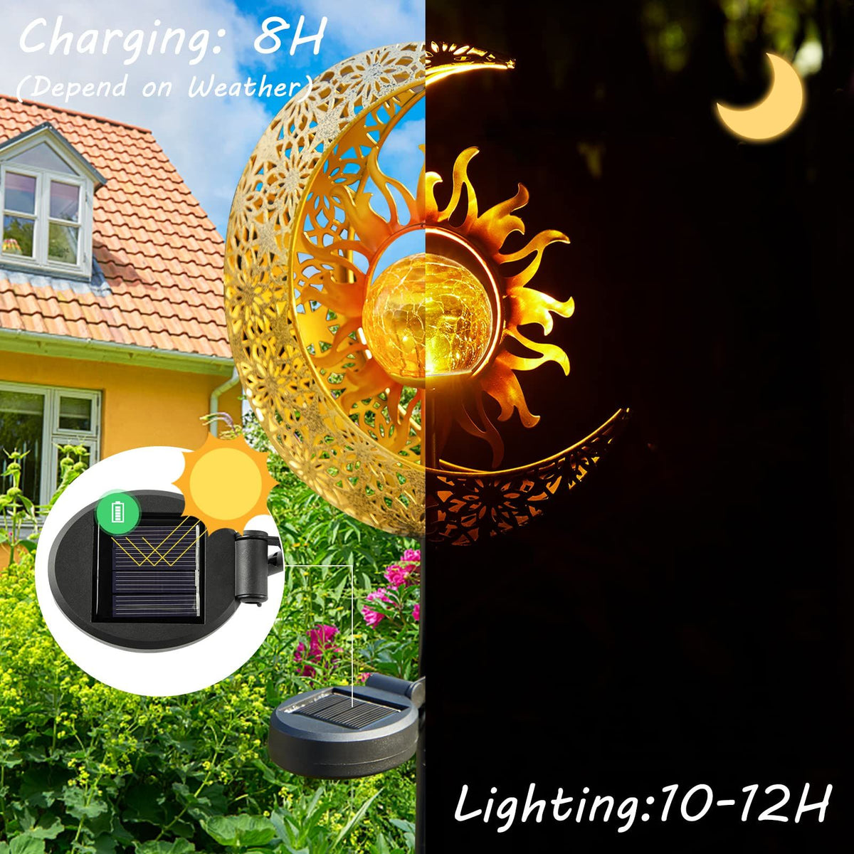 Garden Solar Lights Outdoor Decorative, Sun & Moon Crackle Glass Globe Metal Stake Light, Waterproof Warm White LED Light,(1 Pack)