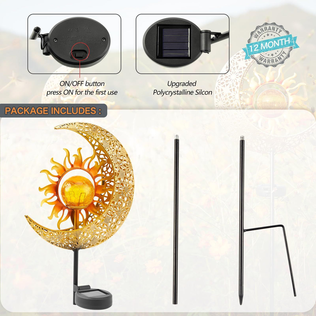 Garden Solar Lights Outdoor Decorative, Sun & Moon Crackle Glass Globe Metal Stake Light, Waterproof Warm White LED Light,(1 Pack)