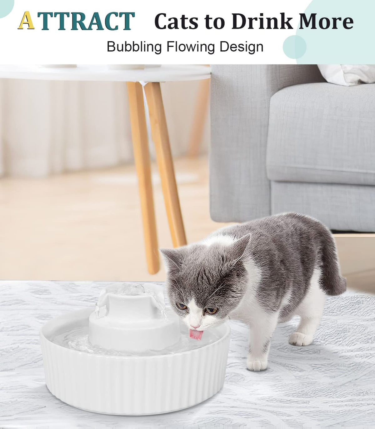 Ceramic Cat Water Fountain, Pet Ceramic Water Fountain Dispenser, 2.1 L Drinking Fountains Bowl for Cats and Dogs(White)