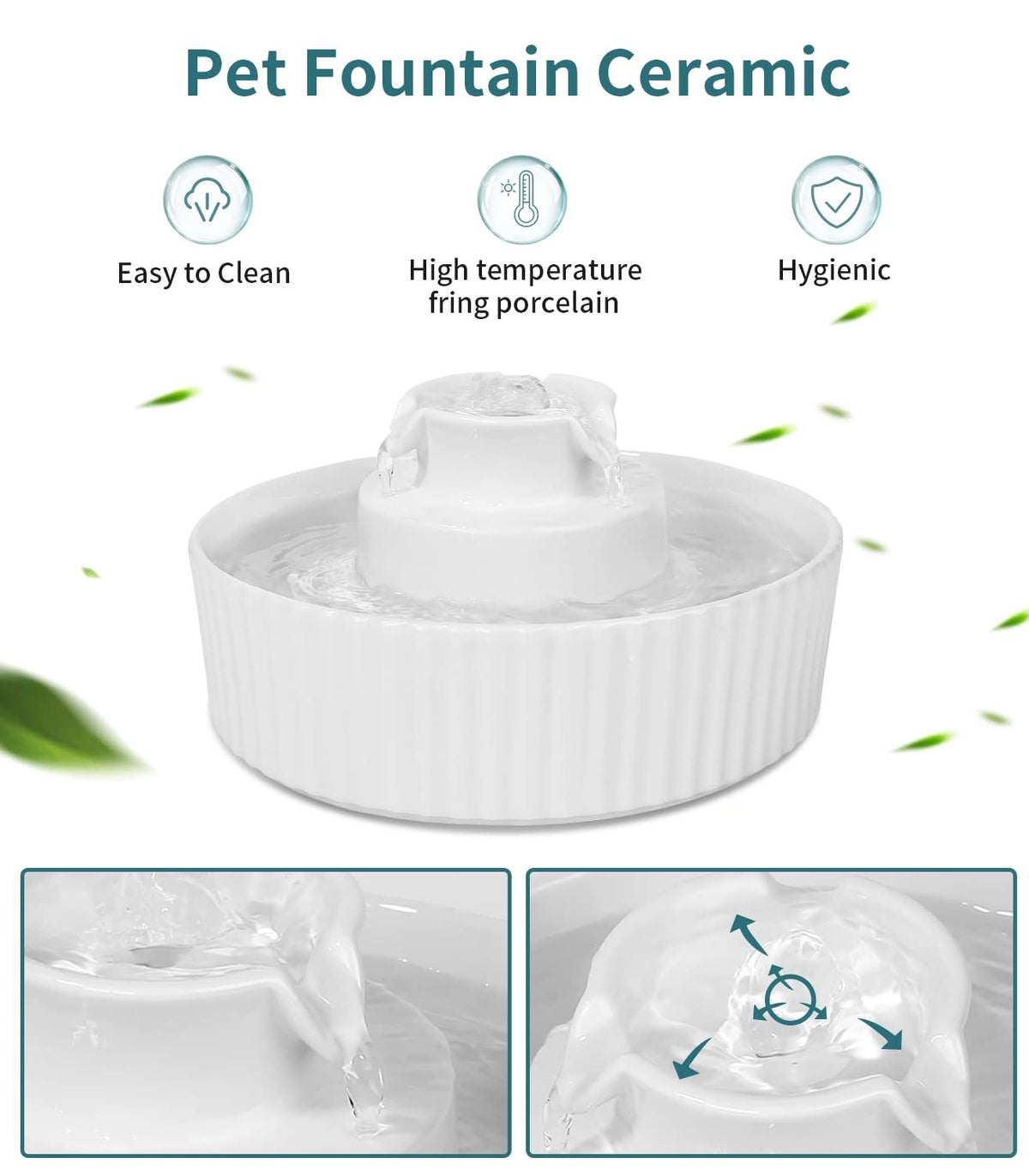 Ceramic Cat Water Fountain, Pet Ceramic Water Fountain Dispenser, 2.1 L Drinking Fountains Bowl for Cats and Dogs(White)