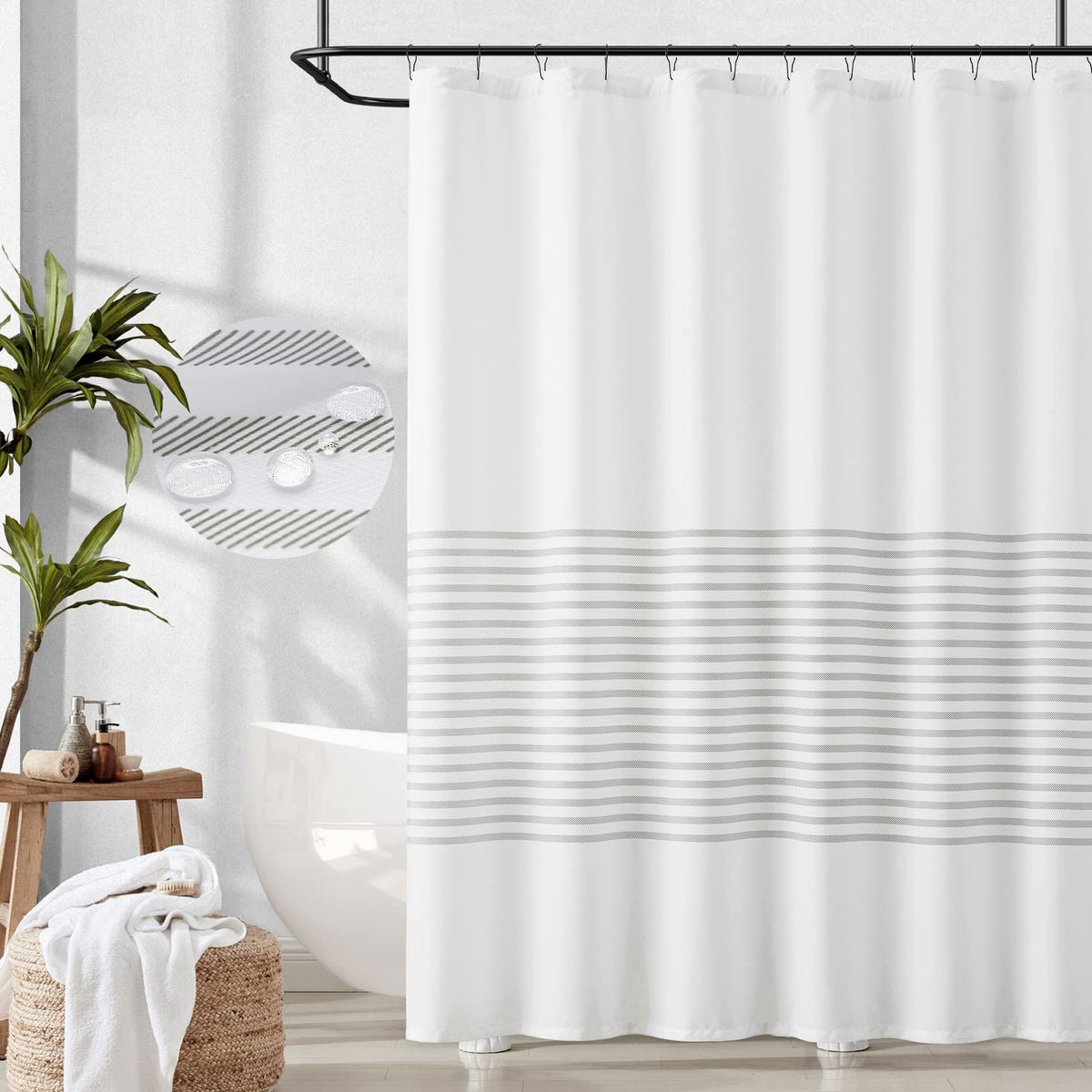 White Shower Curtain with Grey Stripes Fabric Shower Curtain for Bathroom Modern Shower Curtain Waterproof in Bath 72x72 inches