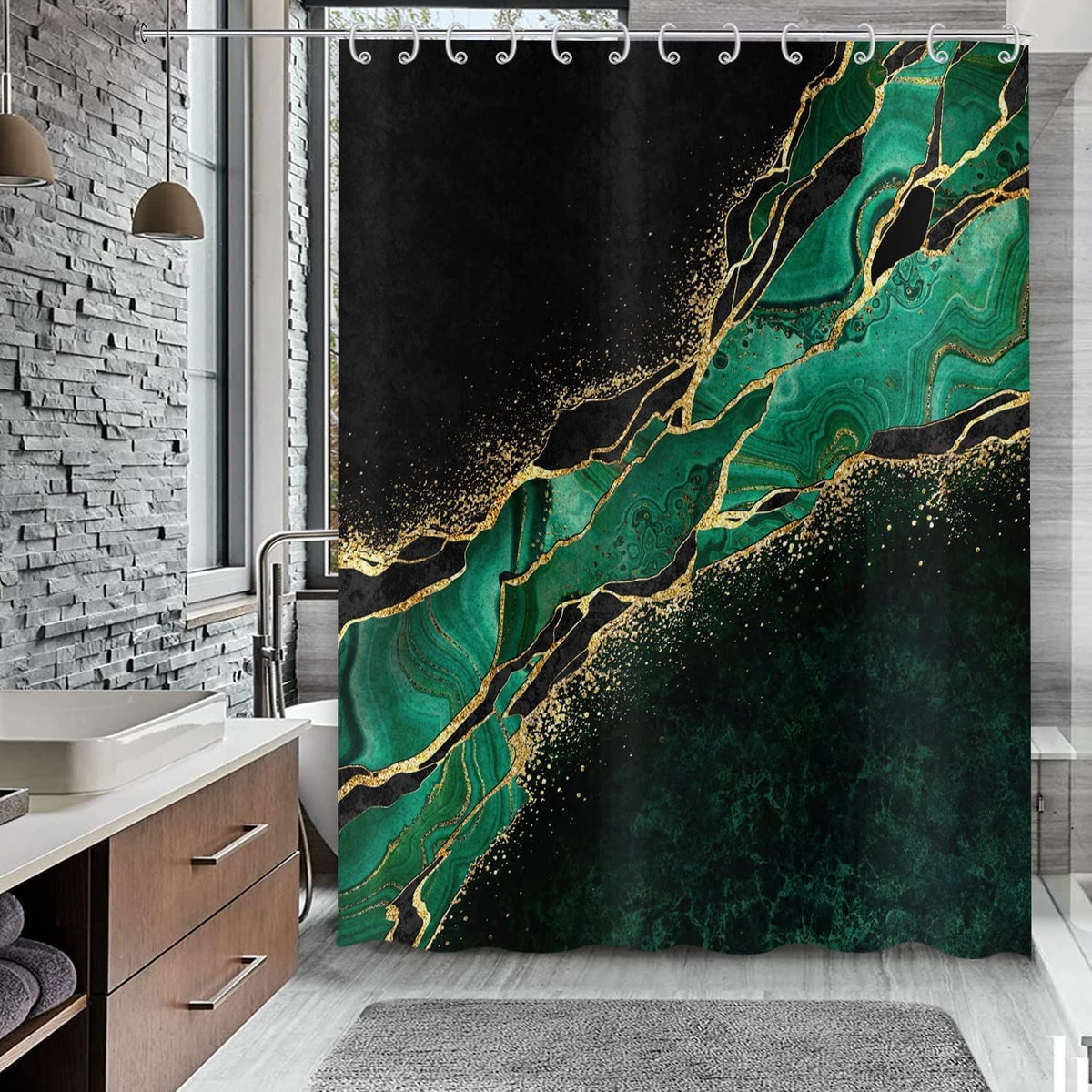 Black Green Marble Shower Curtain, Modern Luxury Black Gold Veins  Moroccan Green Malachite Glitter Marble 72x72 inches