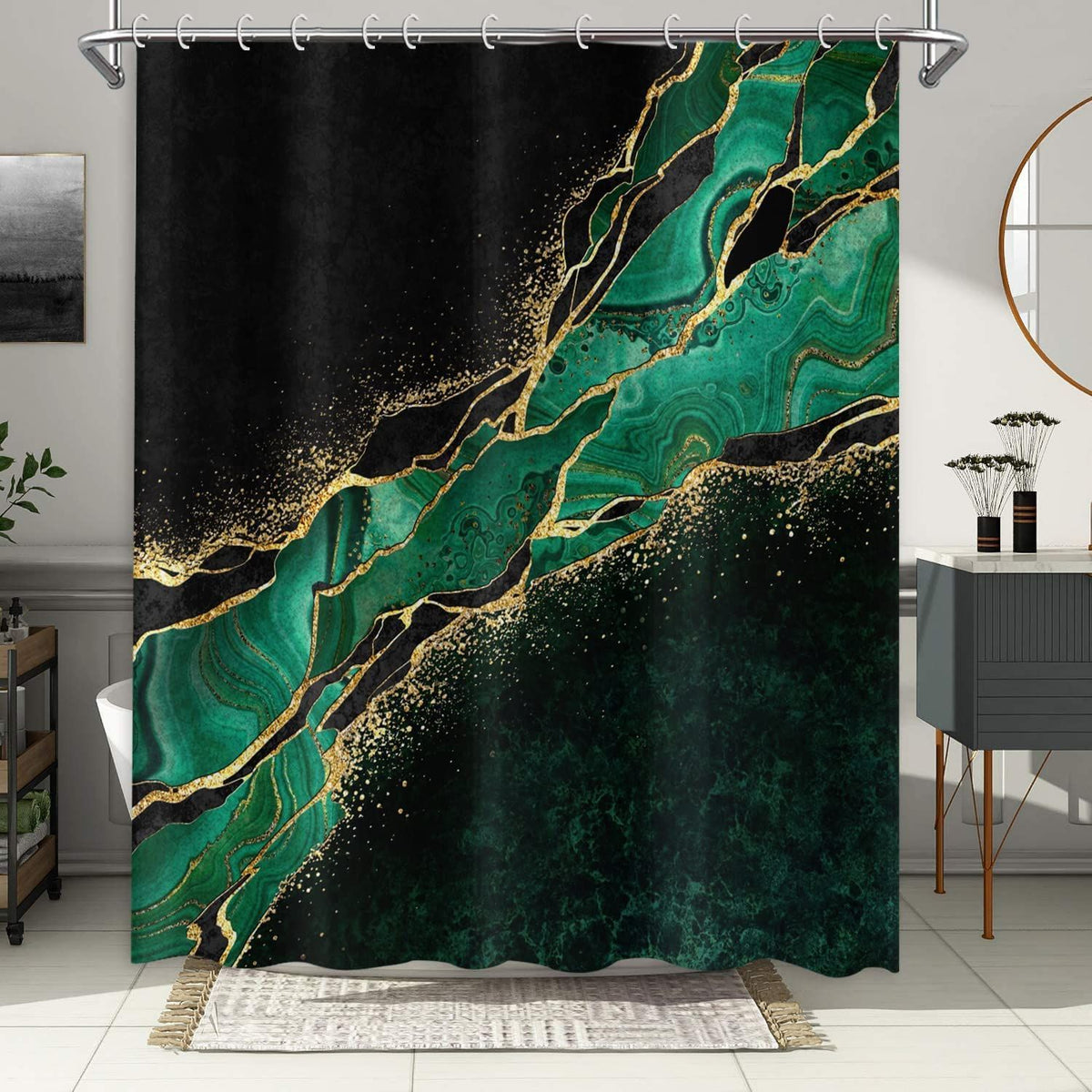 Black Green Marble Shower Curtain, Modern Luxury Black Gold Veins  Moroccan Green Malachite Glitter Marble 72x72 inches